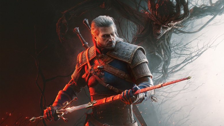A warrior with a sword stands in a dynamic pose, surrounded by swirling dark branches. 