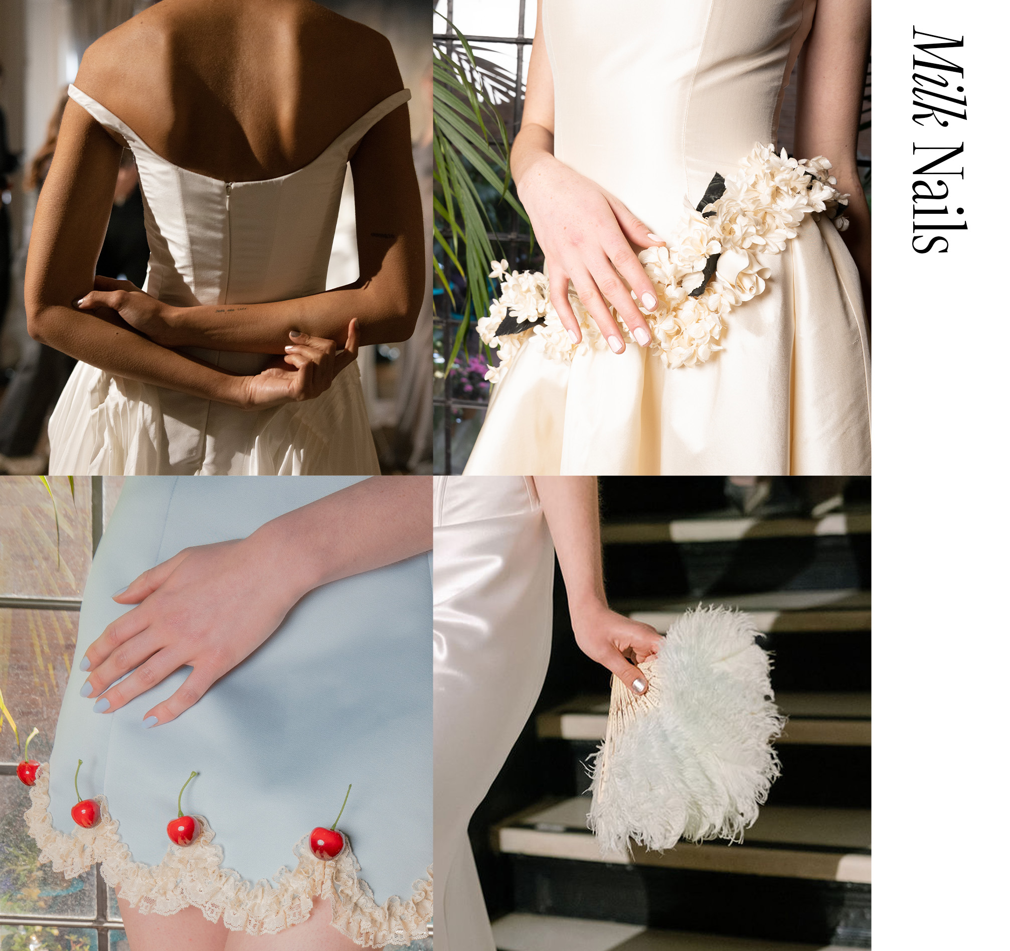 Models wear milk nails for Tanner Fletcher and Alexandra Grecco