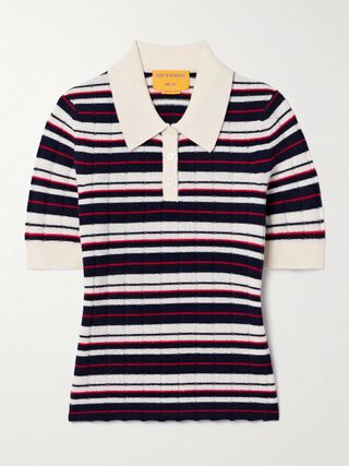 Ribbed Striped Cashmere Polo Sweater