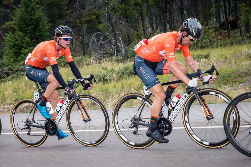 Evan Huffman (Rally Cycling) leads teammate Sepp Kuss (Rally Cycling) in the break during stage 1 of the Tour of Alberta.