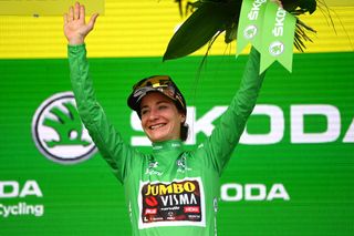 ROSHEIM FRANCE JULY 29 Marianne Vos of Netherlands and Jumbo Visma Women Team celebrates at podium as Green Points Jersey winner during the 1st Tour de France Femmes 2022 Stage 6 a 1286km stage from SaintDidesVosges to Rosheim TDFF UCIWWT on July 29 2022 in Rosheim France Photo by Tim de WaeleGetty Images