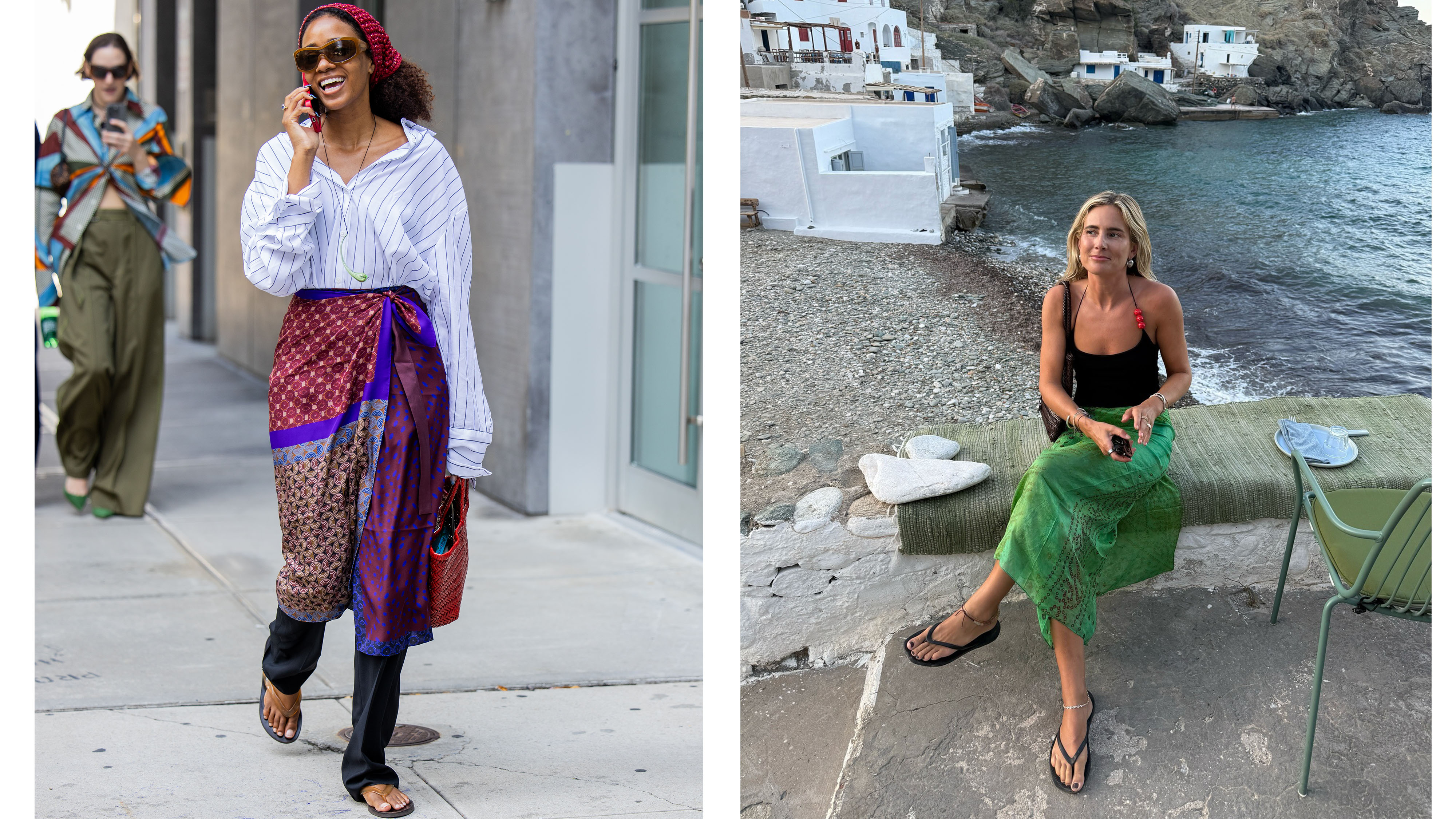 Women in wrap sarong skirts and basic tops