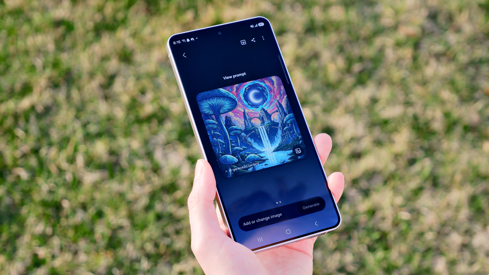 The face of the Samsung Galaxy S26 Plus showcasing an AI generated image of a fantasy setting.