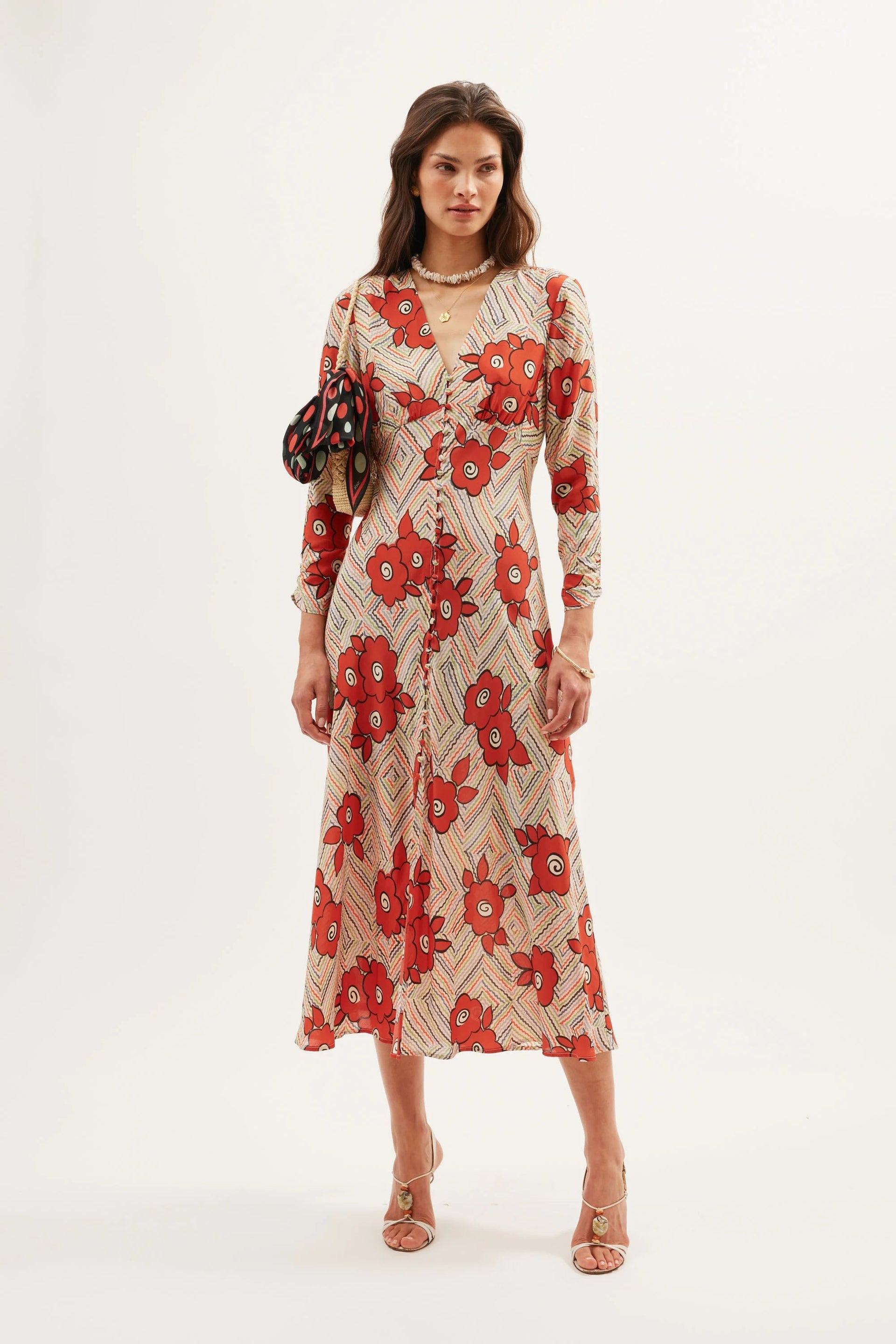 Katie Midi Dress in Red Milos Floral Cream