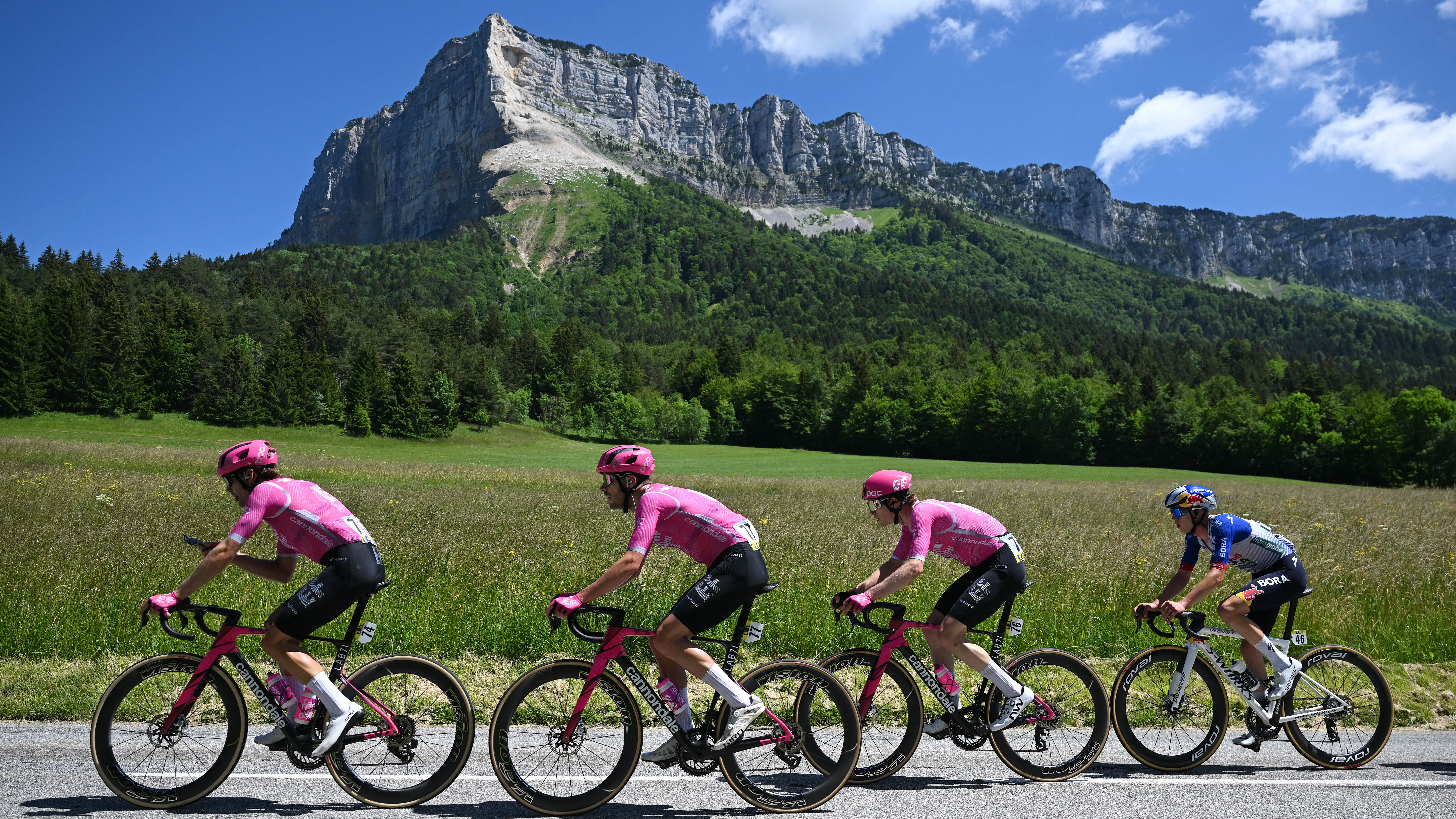 Red Bull's Maxim Van Gils with EF Education - EasyPost riders earlier in stage 6 of the 2026 Tour Auvergne-Rh&amp;ocirc;ne-Alpes