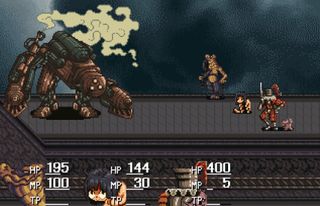 Screenshot from Franzen, showing off a boss battle against a mech.