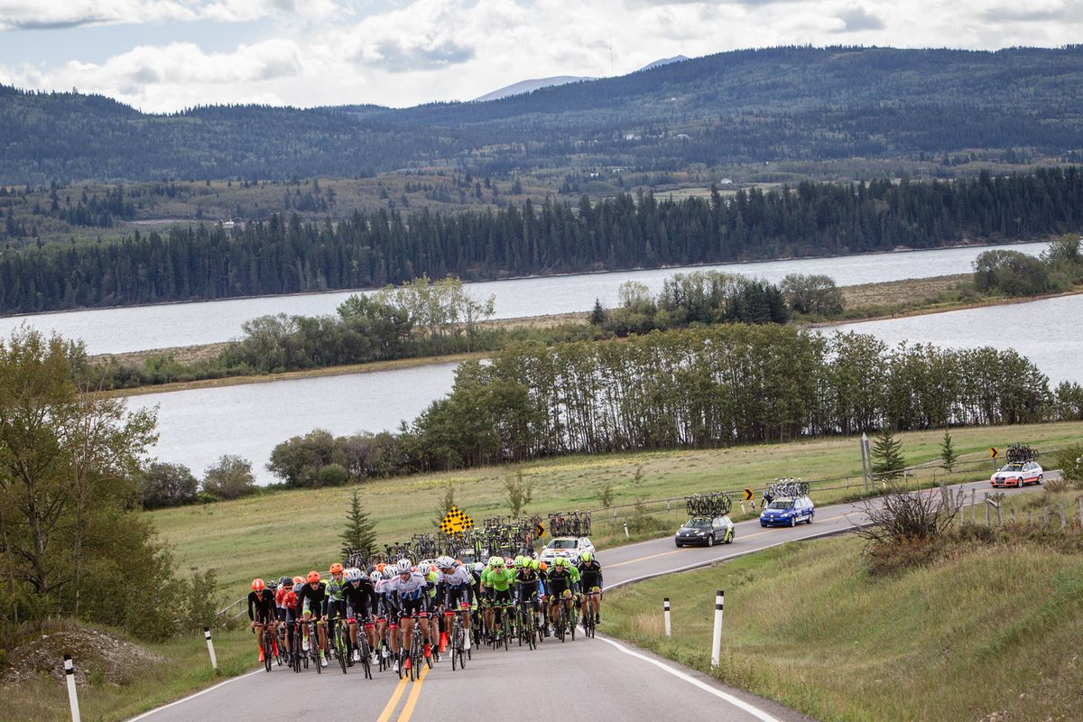 The peloton hits another one of today's rally climbs