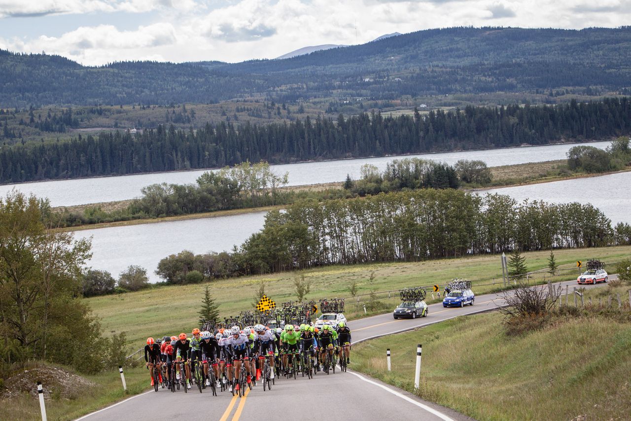 The peloton hits another one of today's rally climbs