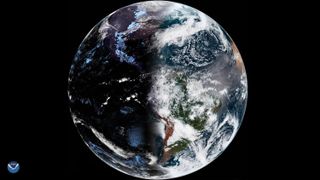 image of Earth during equinox from space showing the left half in shadow and the right half in light.