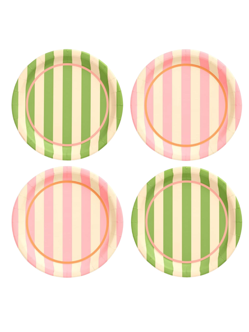 Pink and Green Striped Cabana Plates, Set of 24 