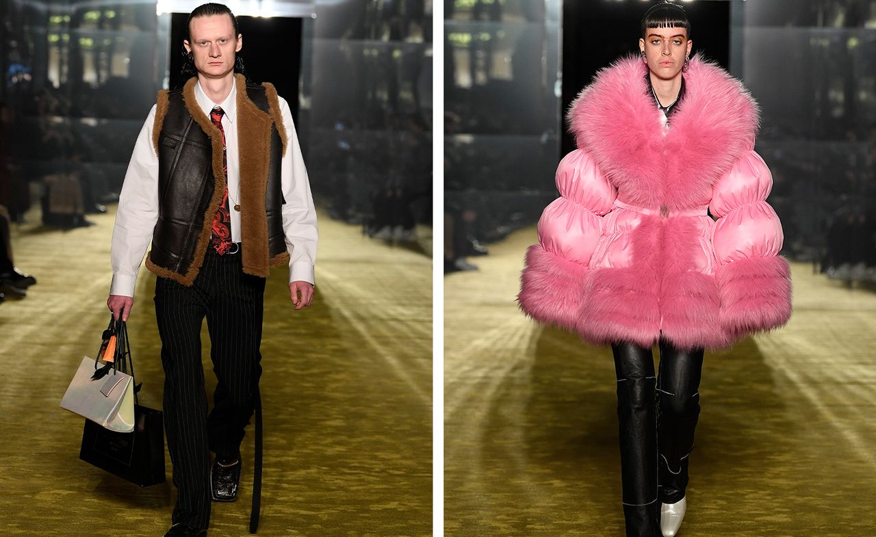 Martine Rose runway show with man in shearling jacket and woman in pink coat