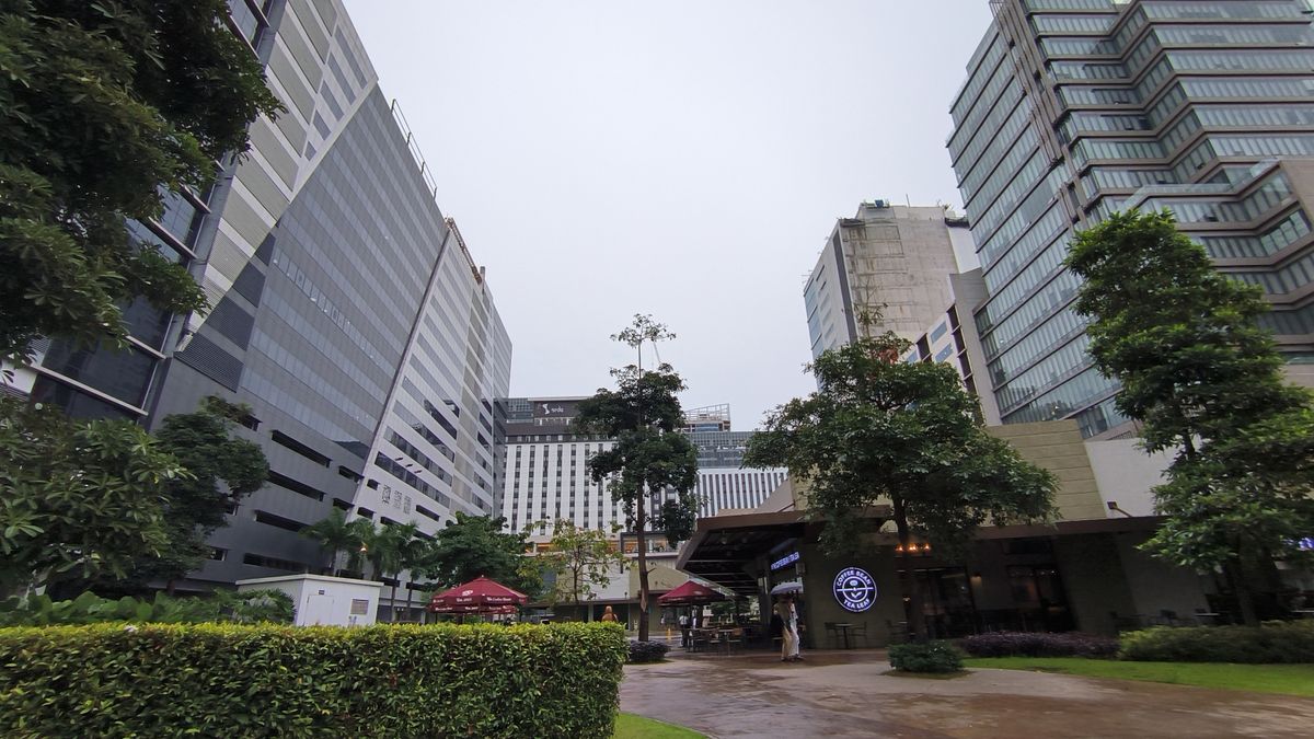 Daytime shot of buildings with a park in the middle