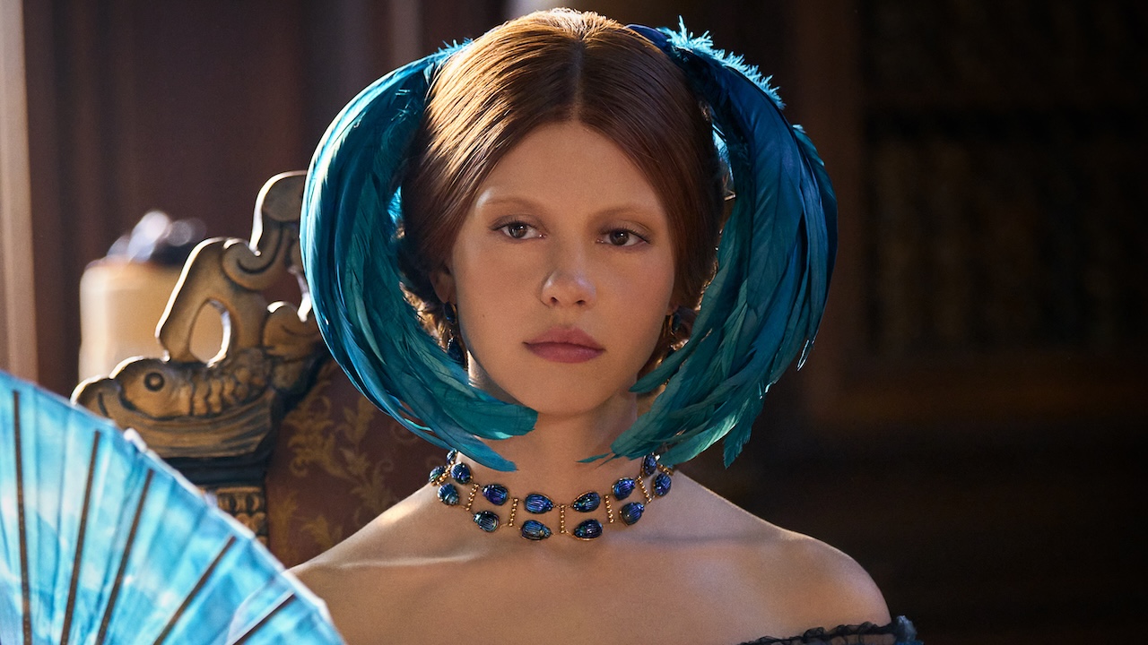 Elizabeth with blue-feathered headpiece in Guillermo Del Toro's Frankenstein