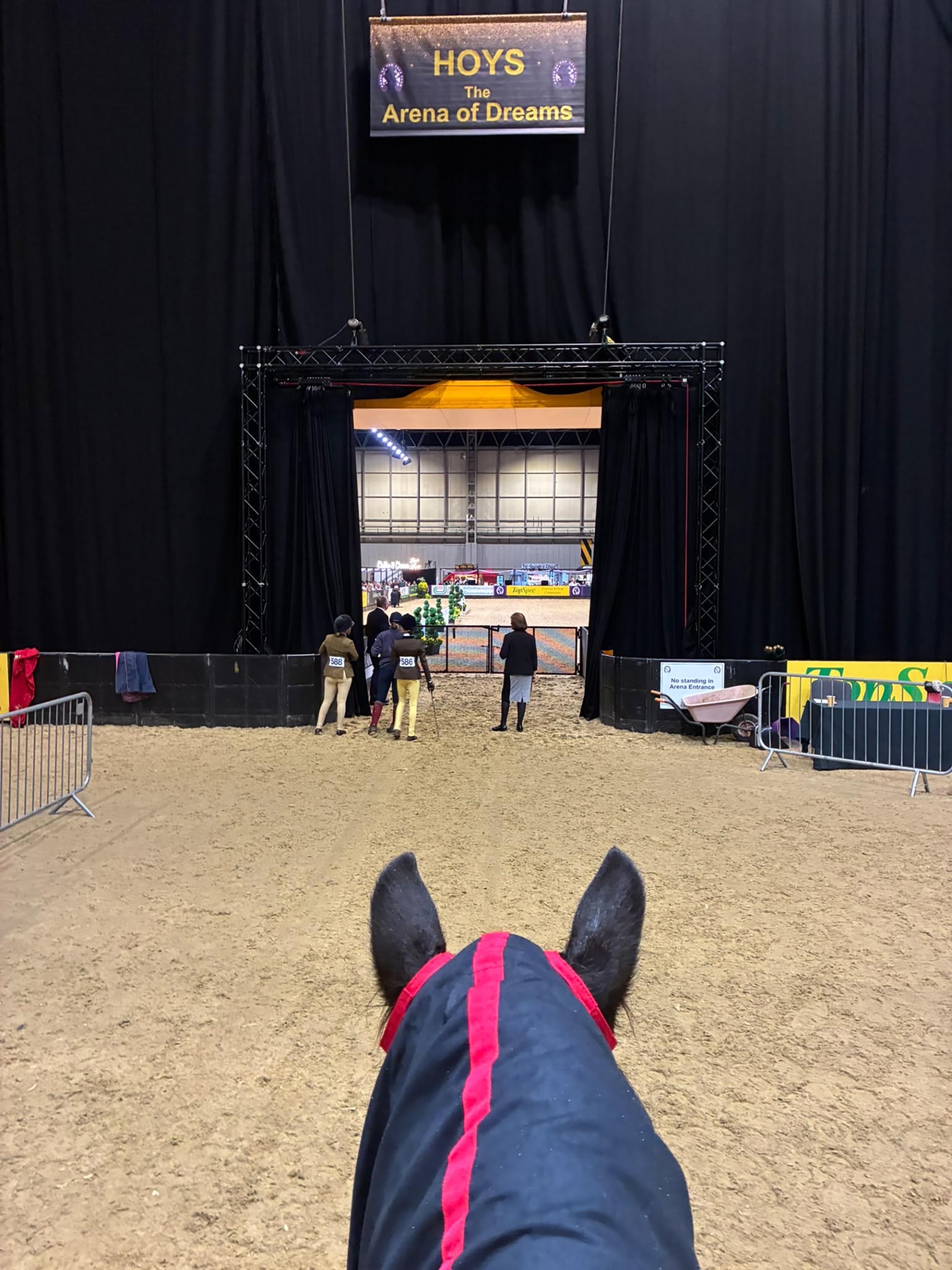 The view through a horse's ears looking through the curtained entrance to HOYS&amp;rsquo; Arena of Dreams