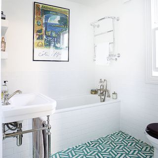modern white bathroom with turquoise tiled floor