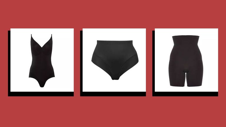 three of w&h's best plus size shapewear picks—Heist outer body, Miraclesuit briefs and SPANX higher power short—on dark red background with black shadows on each image