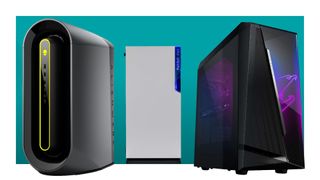 Three gaming PCs lines up on a blue background.