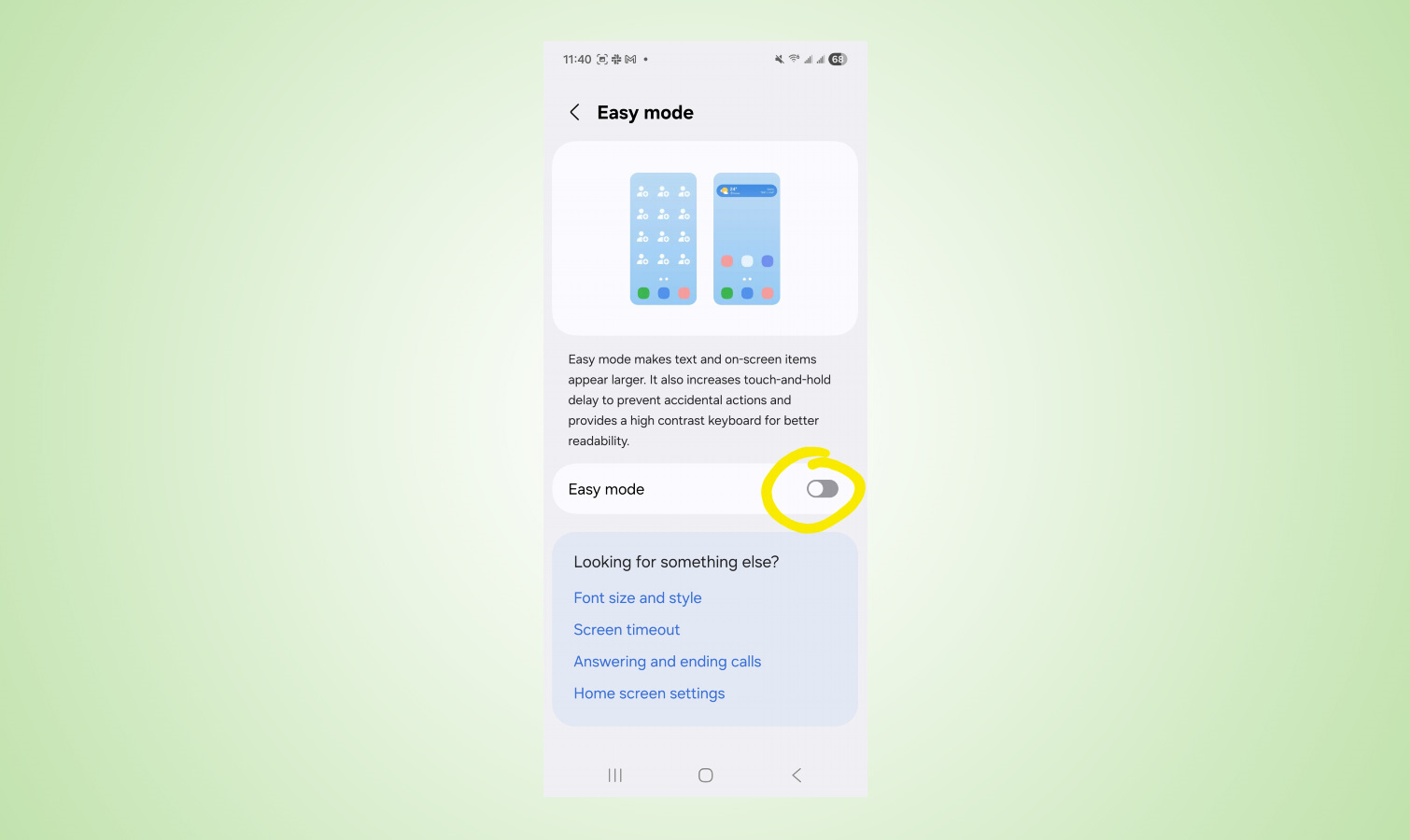 Samsung Galaxy Easy Mode screenshots.