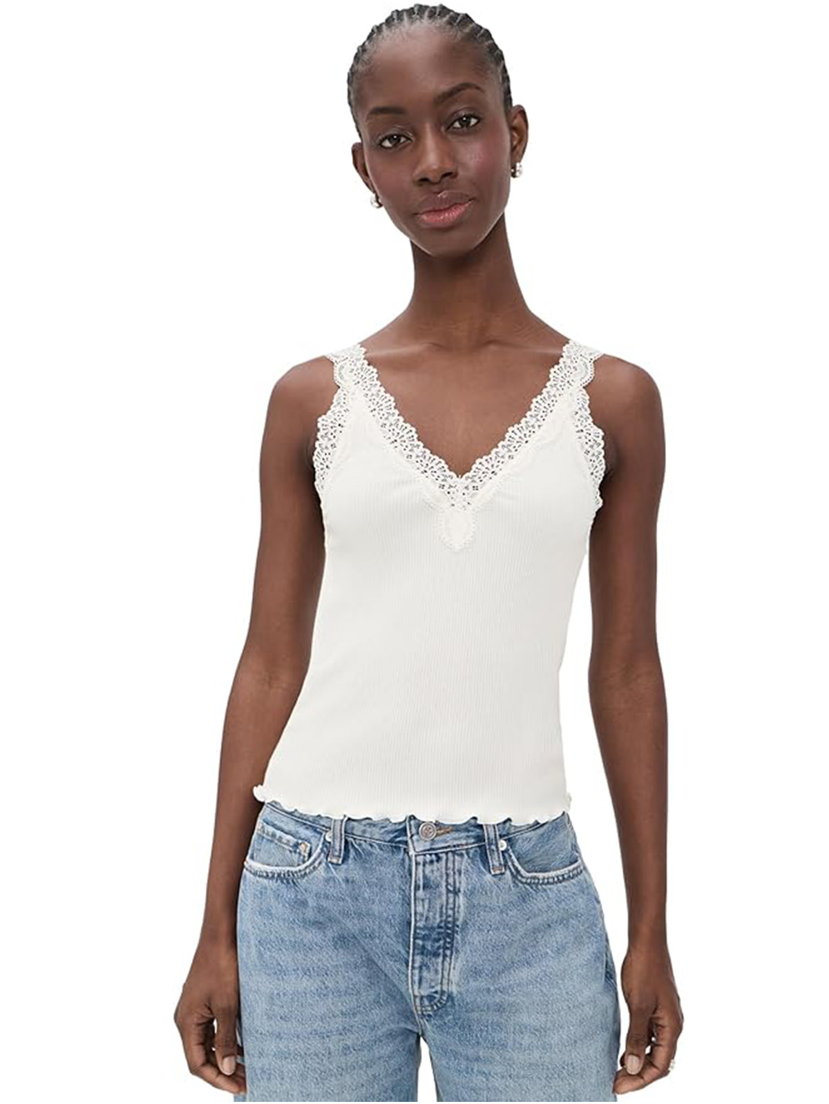 Madewell Women's Lace-Trim Ribbed Tank Top, Winter White W/white, S