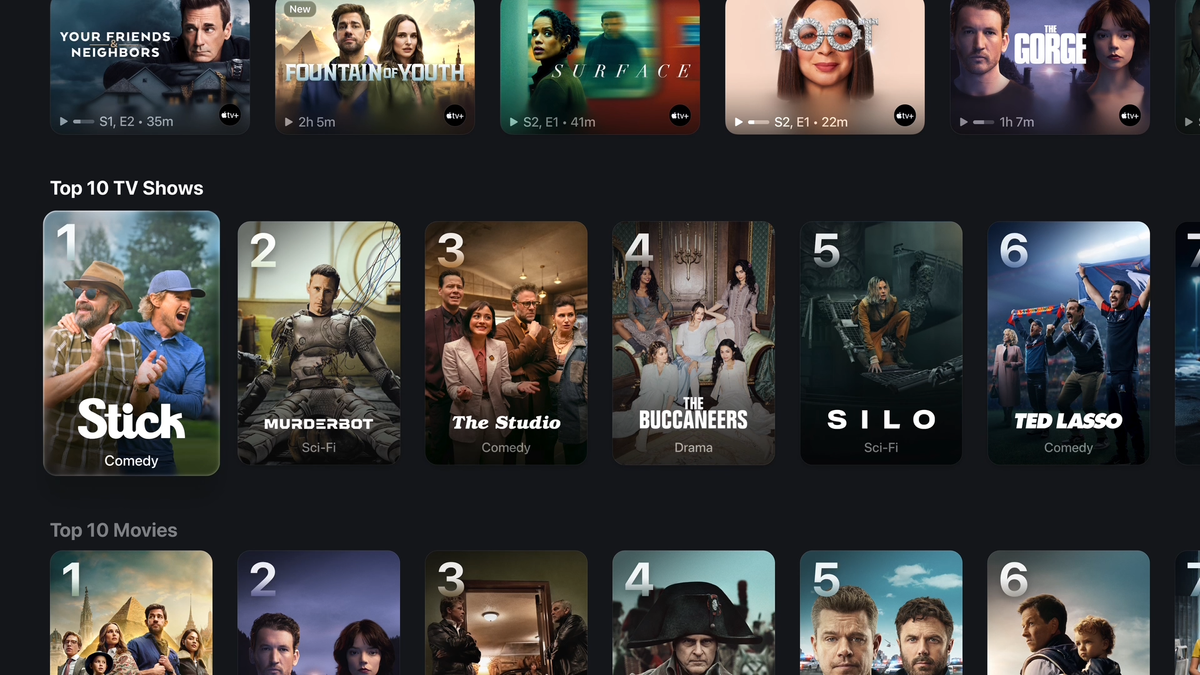 Apple TV+ home screen with the top 10 shows rail on screen