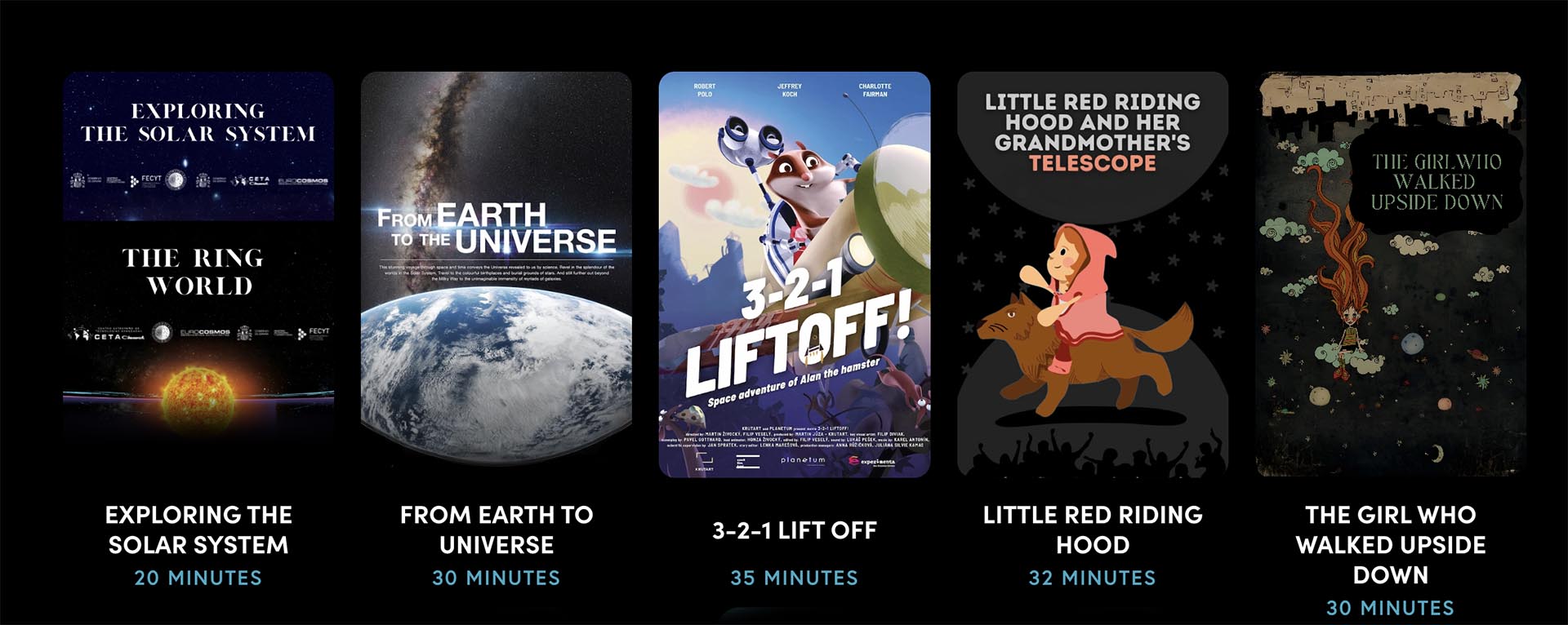 The title screens of five planetarium films.
