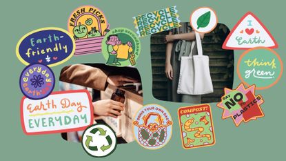 Sustainable living logos and stickers on a green background