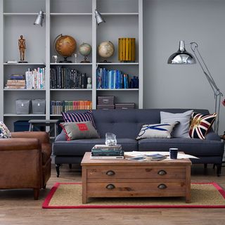 grey living room with painted shelving and grey sofa