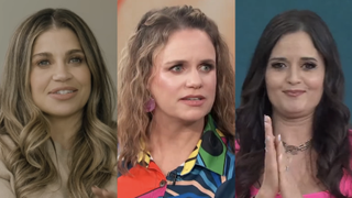 Side by side: Danielle Fishel interviewed by Julianne Hough, Andrea Barber in colorful button-up talking about grief on E! News, Danica McKellar holding hands together looking into camera on TODAY