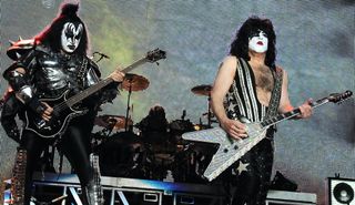 Gene Simmons (left) and Paul Stanley perform with Kiss at the Mediolanum Forum on May 18, 2010 in Milan, Italy