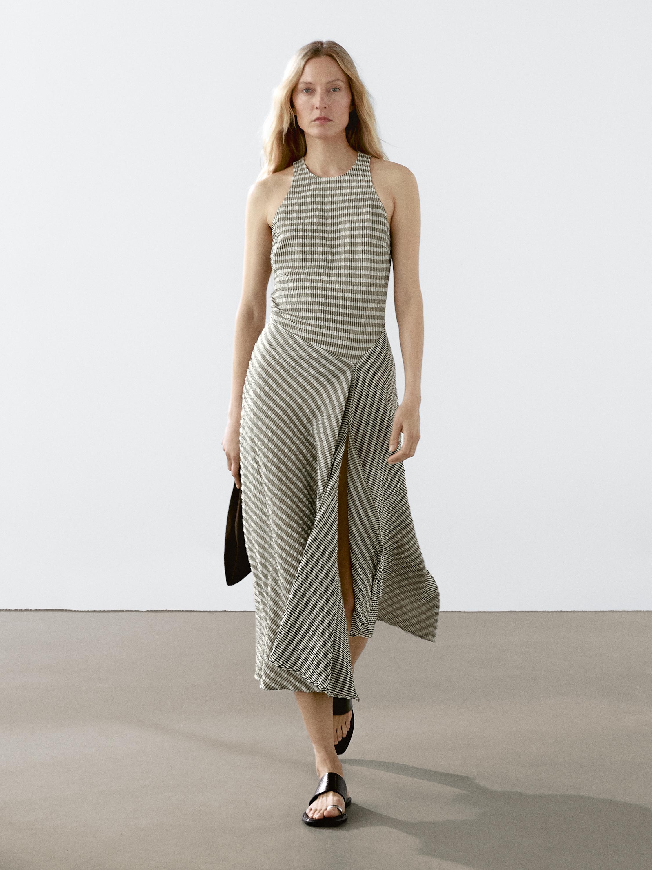 Massimo Dutti, Long Check Cotton Flounce Dress