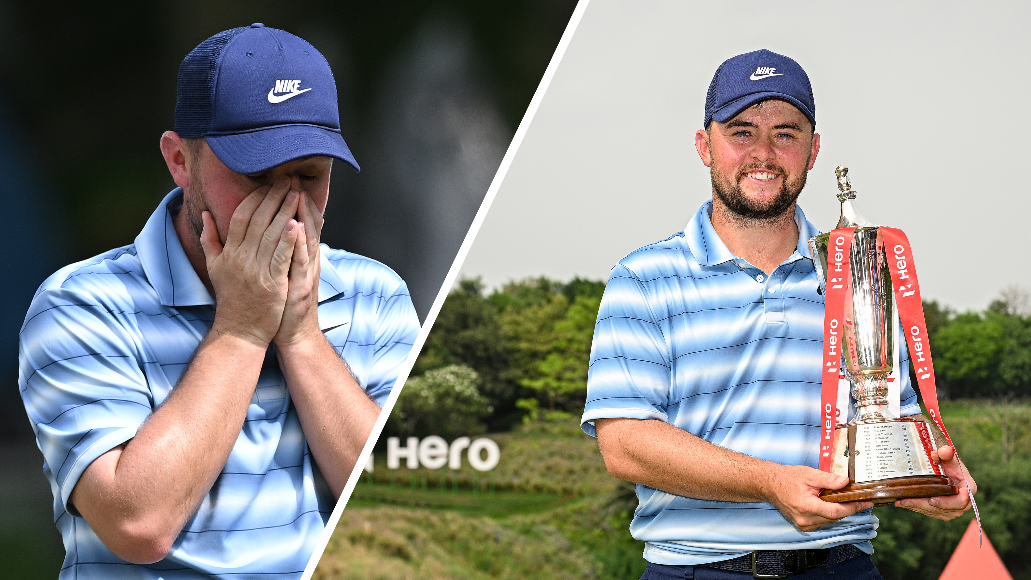 (left) Alex Fitzpatrick reacts to the winning putt at the Hero Indian Open while (right) he poses with the trophy