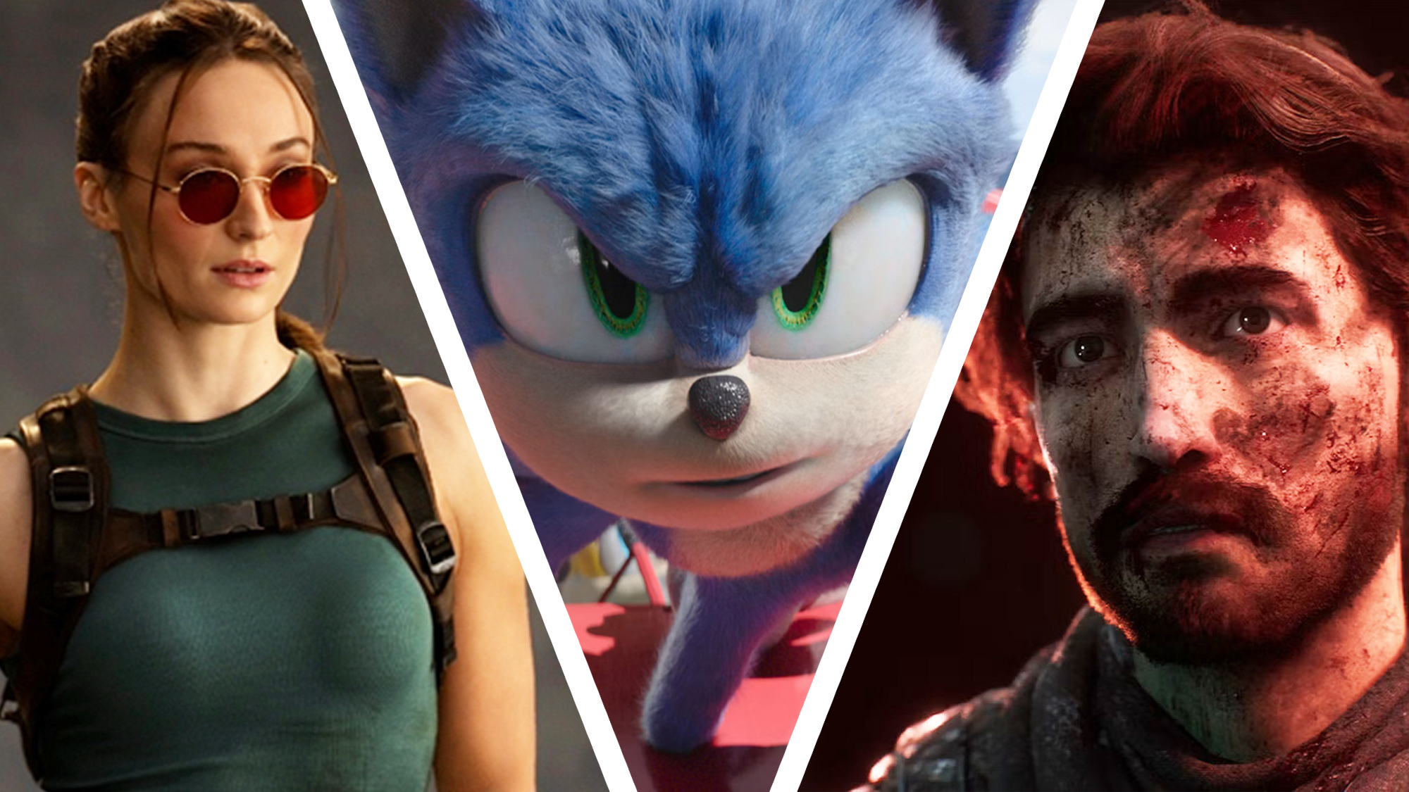 A collage image of Prime Video's Tomb Raider TV show, Paramount's Sonic the Hedgehog 2, and Clair Obscur: Expedition 33