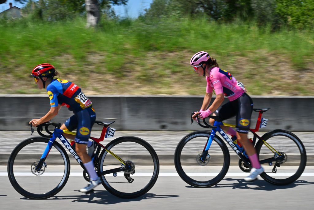 CHIETI ITALY JULY 12 LR Gaia Realini of Italy and Elisa Longo Borghini of Italy and Team Lidl Trek Pink Leader Jersey compete during the 35th Giro dItalia Women 2024 Stage 6 a 159km stage from San Benedetto del Tronto to Chieti 330m UCIWWT on July 12 2024 in San Benedetto del Chieti Italy Photo by Luc ClaessenGetty Images