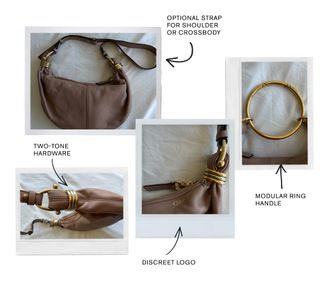 Eine detaillierte Text- und Bildcollage, die die Hobo Bag mit Armband von Chloé hervorhebt