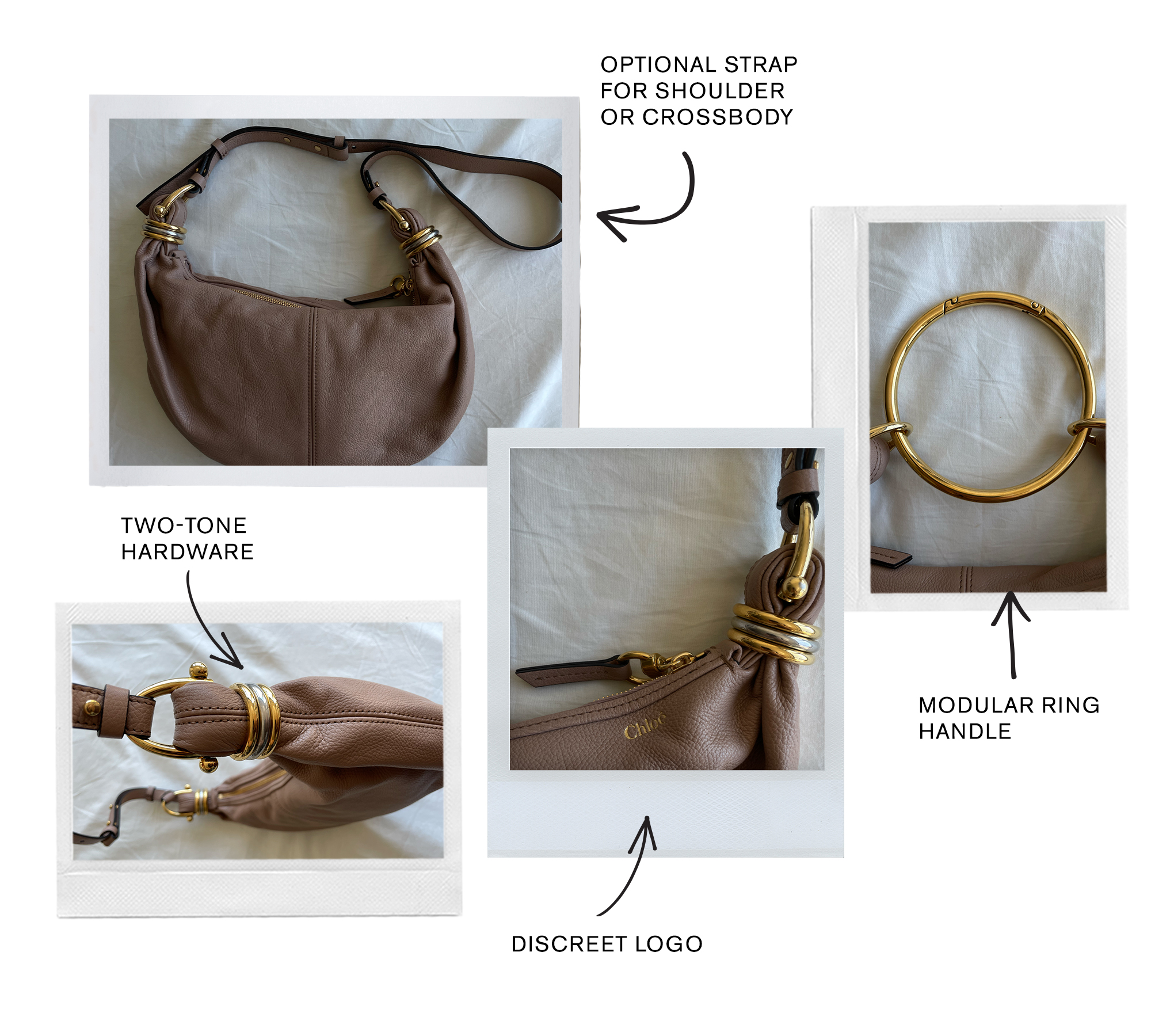 a collage of text and detailed images that highlight the Chloé Bracelet Hobo bag