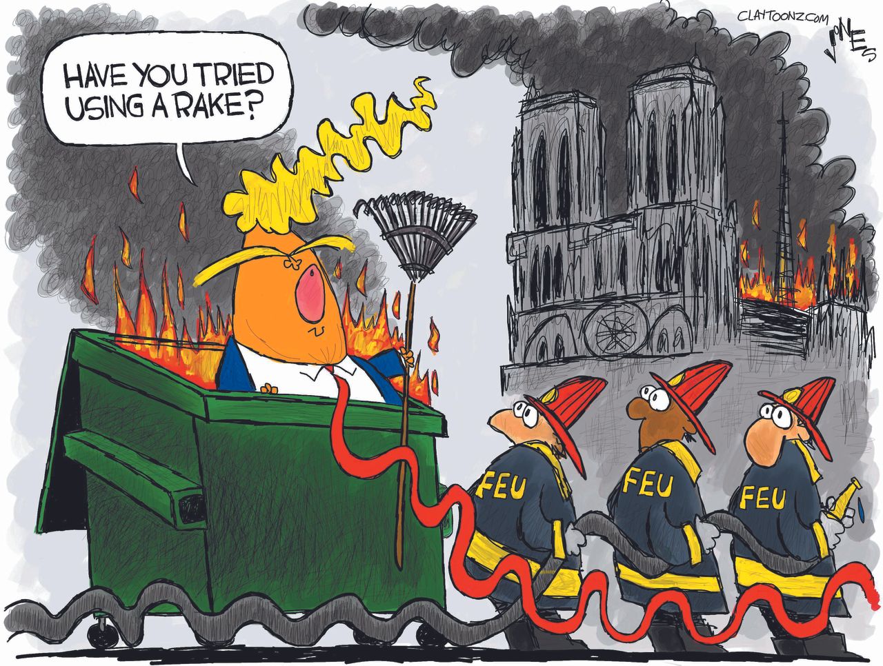 Political Cartoon World Trump suggestions Notre Dame fire