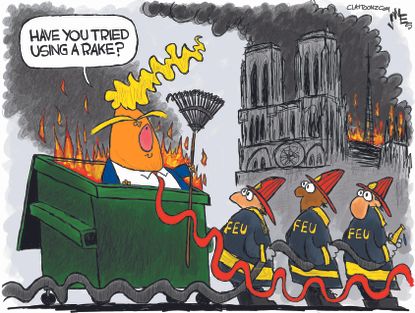 Political Cartoon World Trump suggestions Notre Dame fire