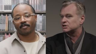 Ryan Coogler facing camera with criterion's collection closet behind him, Nolan dressed in dark suit answering questions for BFI.