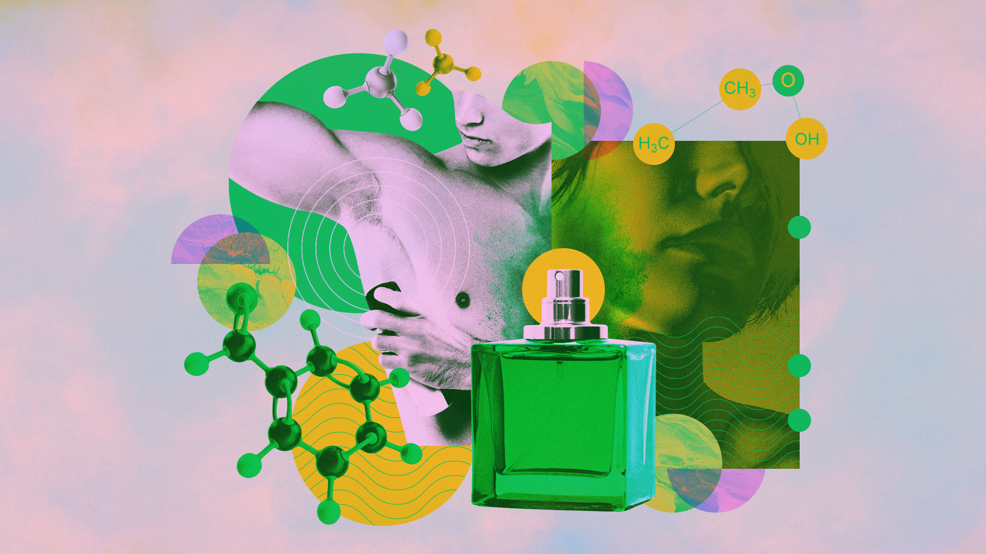Photo collage of a man spraying deodorant, a cologne bottle, vanillin and ammonia molecules