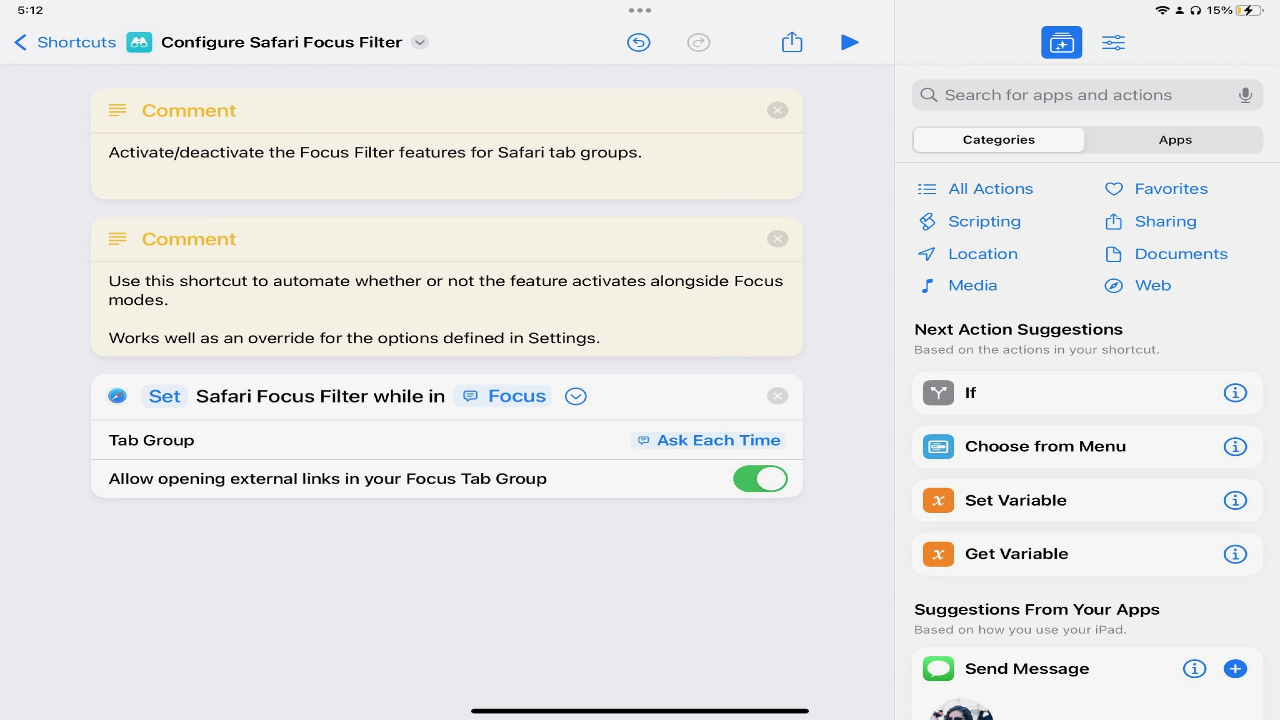 Screenshot of the Set Safari Focus Filter shortcut.
