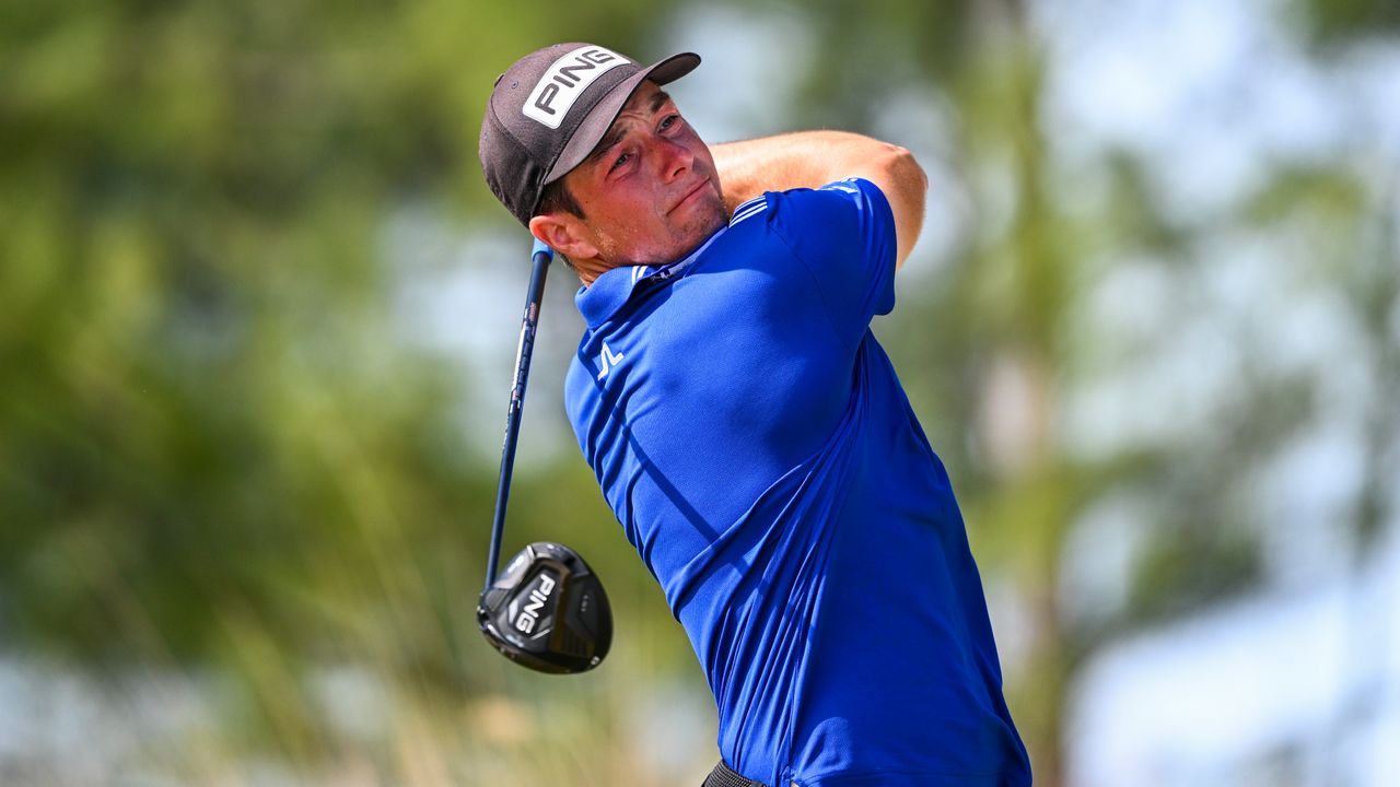  Viktor Hovland of Norway hits his tee shot at the 10th hole during the third round of the Hero World Challenge at Albany Golf Course on December 2, 2023