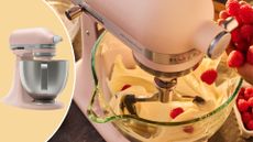 A cutout of the KitchenAid Artisan Plus Tilt-Head 4.7L Stand Mixer next to an overhead shot of the mixer stirring raspberries
