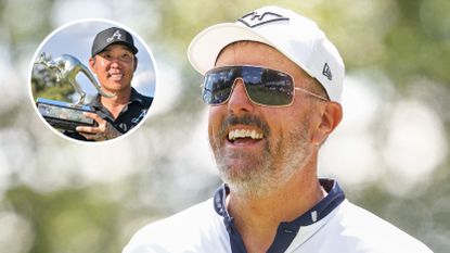 Main image of Phil Mickelson smiling in sunglasses with inset photo of Anthony Kim holding up the LIV Golf Adelaide trophy