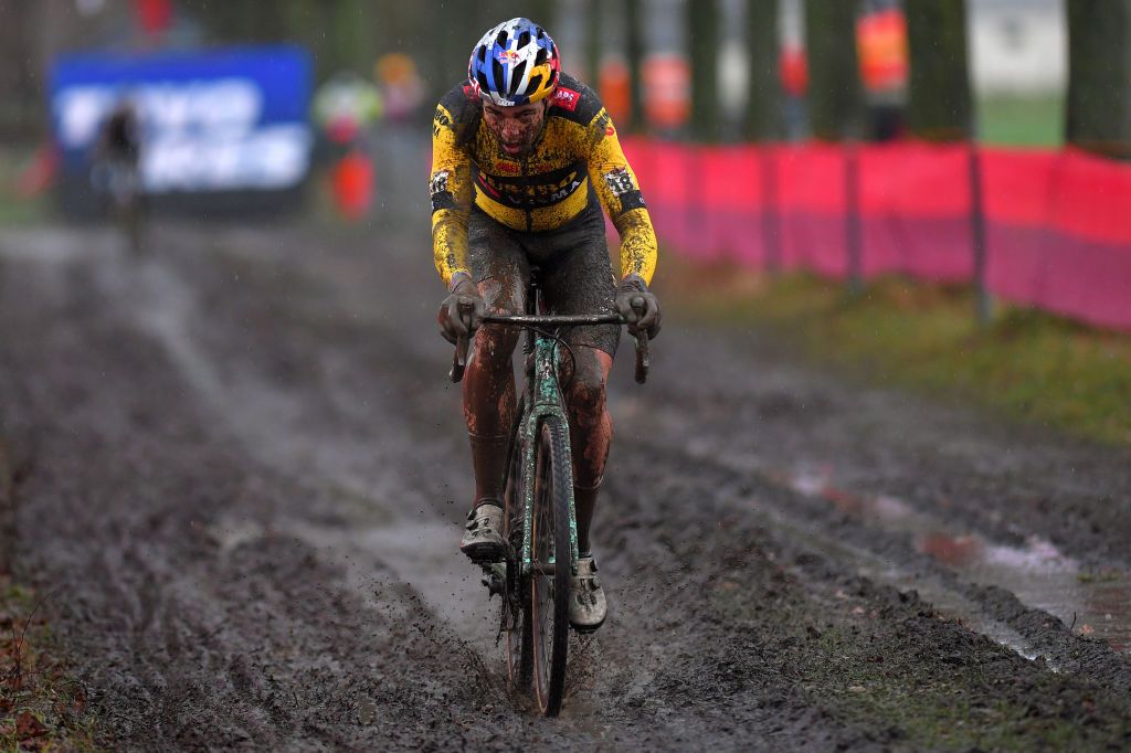 DENDERMONDE BELGIUM DECEMBER 27 Wout Van Aert of Belgium and Team Jumbo Visma Mud during the 1st Dendermonde World Cup 2020 Men Elite dendermonde CXWorldCup UCICyclocrossWC Cyclocross on December 27 2020 in Dendermonde Belgium Photo by Luc ClaessenGetty Images