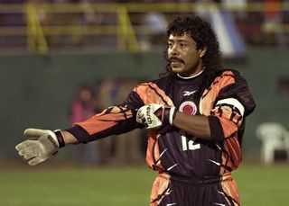 Rene Higuita prepares for a Colombia game against Ecuador at the Copa America in 1999.