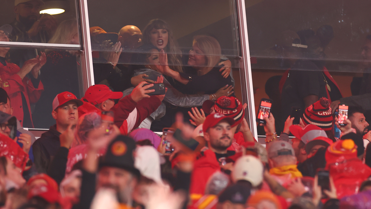 Taylor Swift celebrates after Kansas City Chiefs game winning touchdown during overtime against the Tampa Bay Buccaneers at GEHA Field at Arrowhead Stadium on November 4, 2024 in Kansas City, Missouri