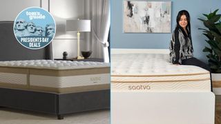 The composite image shows a cream and gold Saatva RX mattress on a grey bed foundation on the left, and a dark haired tester sitting on a cream and gold Saatva Classic mattress on the right. Overlaid on top is a Tom's Guide Presidents' Day deals badge.
