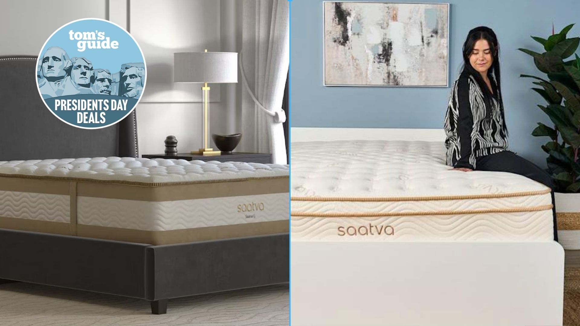 The composite image shows a cream and gold Saatva RX mattress on a grey bed foundation on the left, and a dark haired tester sitting on a cream and gold Saatva Classic mattress on the right. Overlaid on top is a Tom's Guide Presidents' Day deals badge.