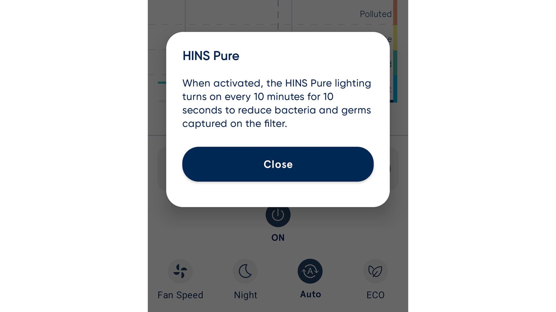 A screenshot of the HINS Pure feature in the BlueAir app