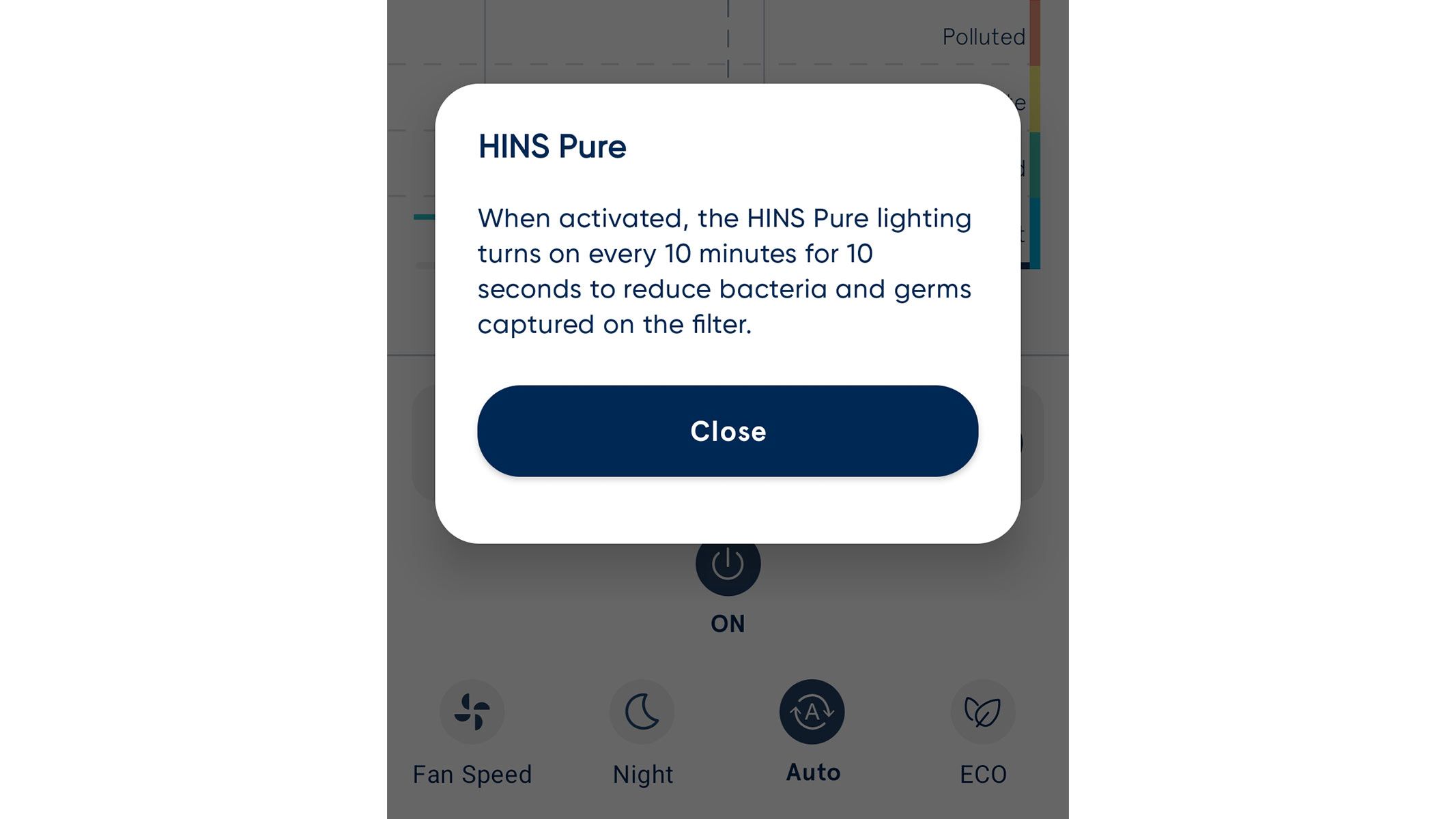 A screenshot of the HINS Pure feature in the BlueAir app